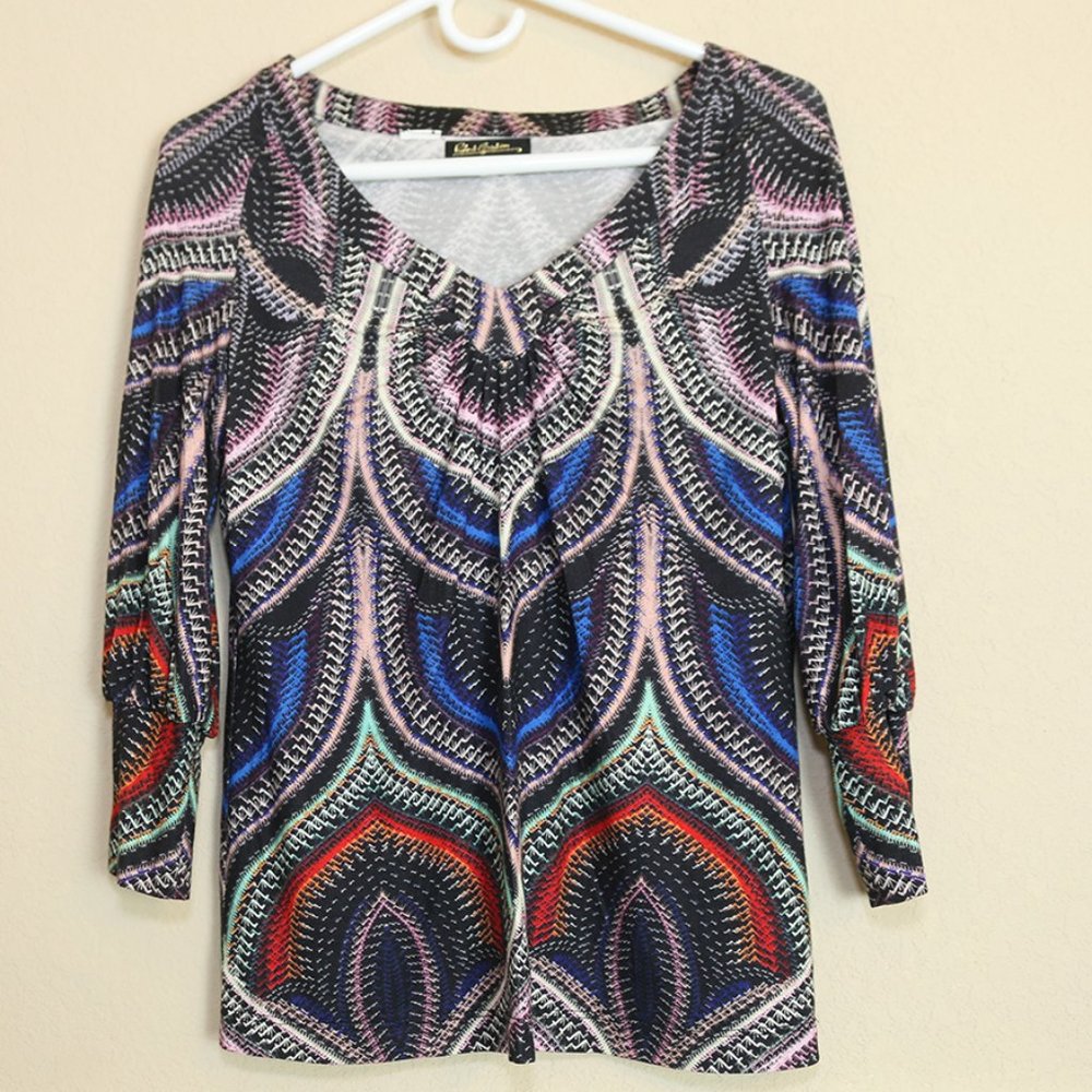 Robert Graham Womens Top Blouse Geometric Print Popover Soft 3/4 Sleeve Size XS